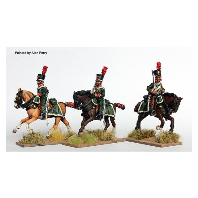 Mounted Cazadores, galloping, swords shouldered (shakos)