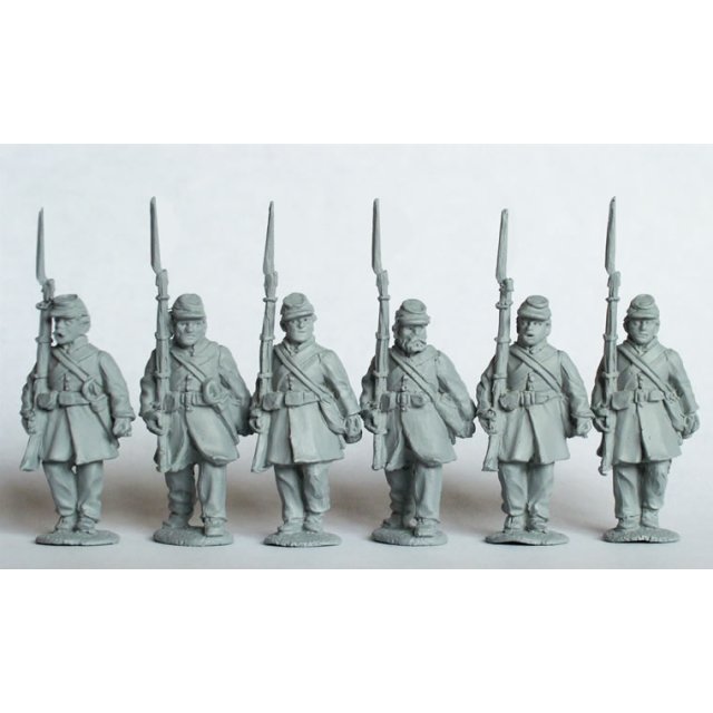 Confederate Infantry in Frock coats and kepis advancing, shoulde
