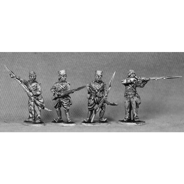 BNI Sepoys, coatees, mixed dhotis/trousers, muskets, mixed headdress, firing line