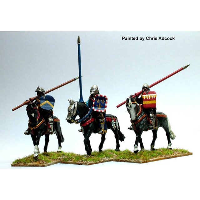 Mounted men-at-arms,lance upright and shouldered,shield,horses w