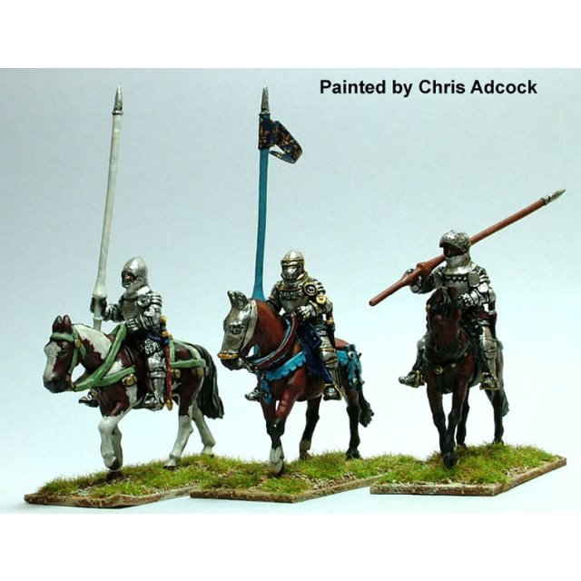 Mounted men-at-arms,’white armour’,lance upright and shouldered,