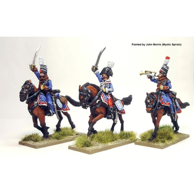 Hussar command in milirtons, wearing pelisse, charging.
