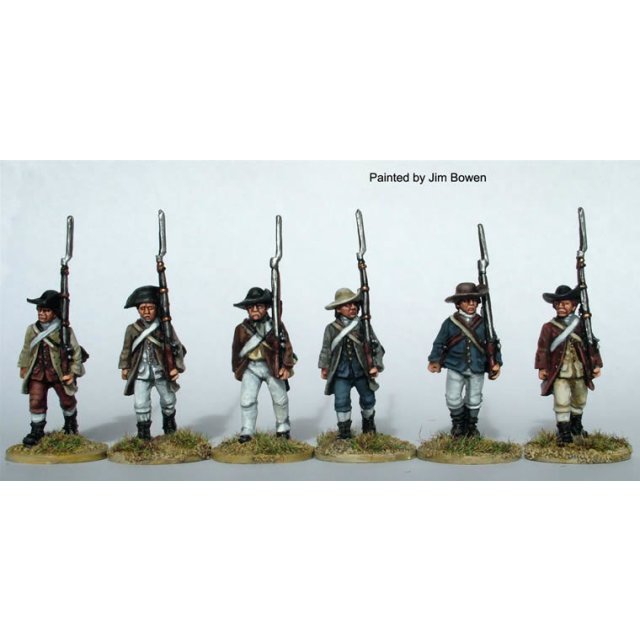 American Militia in single breasted –coats advancing, shouldered