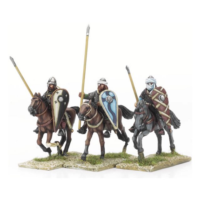 Knights, lance upright, Arabized headgear