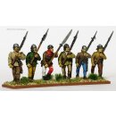 Helmeted halberdiers/pikemen advancing, weapon held at 45...