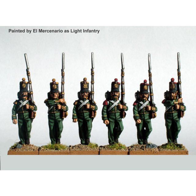 Infantry marching flank companies, coatee and cylindrical shako