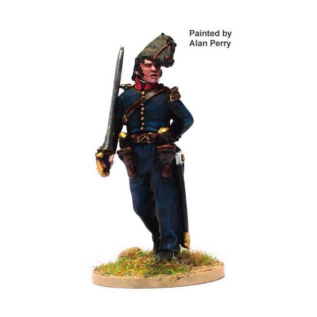 French Officer in bicorne advancing, sword shouldered with two h