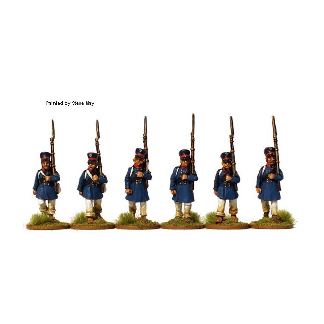 Prussian Landwehr marching , stiffened caps