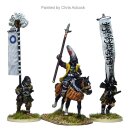 Kato Kiyomosa, mounted, charging. Standard bearer