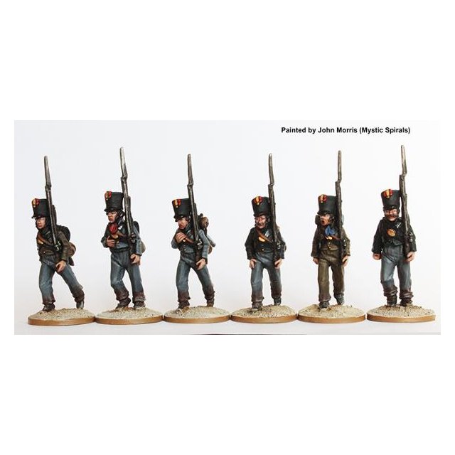 Fusiliers marching in plain bell-top shakos and tailless jackets