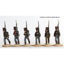 Fusiliers marching in plain bell-top shakos and tailless...